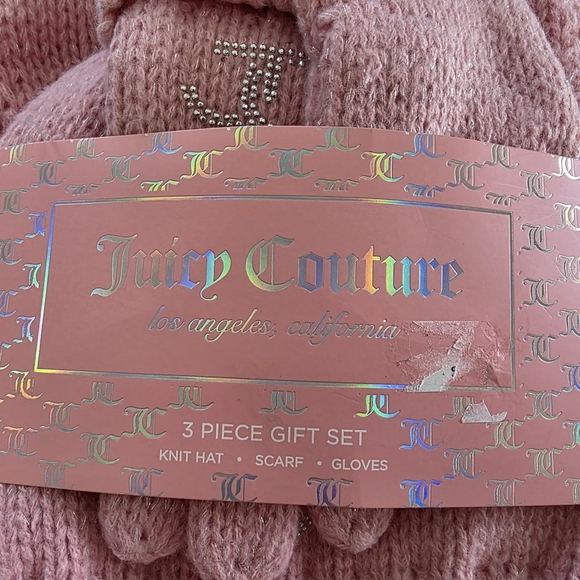 Juicy Couture 3PC Winter Gift Set Scarf, Hat And Gloves With Embellished Logo - Picture 2 of 7